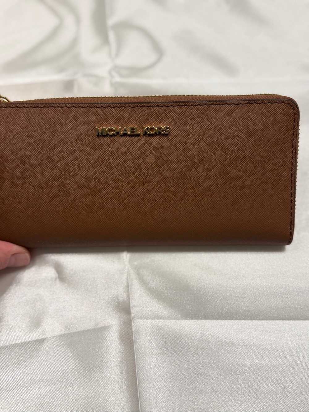 Michael Kors Brown Saffiano Continental Zip Wallet with Gold Logo